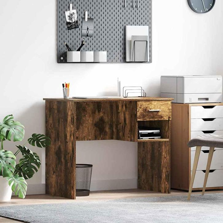 vidaXL Bureau met lade Gerookt eiken 90 x 49.5 x 75 cm, Huis en Inrichting, Bureaus, Nieuw, Verzenden