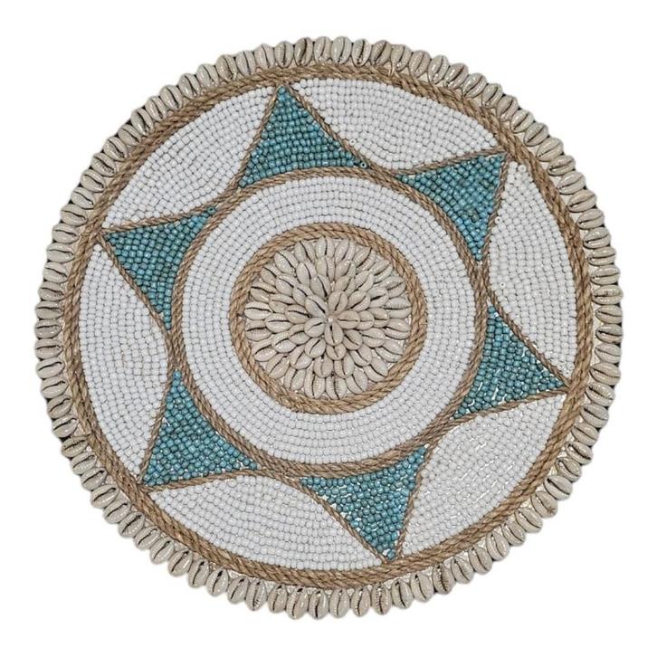 Wandbord schelpen en kralen 40 cm wit - turquoise, Tuin en Terras, Tuinwanddecoratie, Verzenden