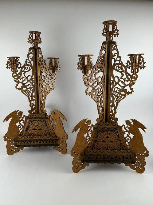 Kandelaber Een paar heel grote kandelaars - 62 cm (2) - Hout, Antiek en Kunst, Kunst | Niet-Westerse kunst