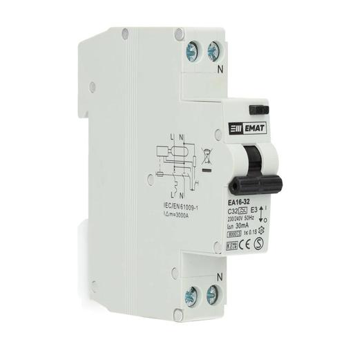 EMAT aardlekautomaat 1-polig+nul 32A C-kar 30mA (85006011), Doe-het-zelf en Verbouw, Elektra en Kabels, Verzenden