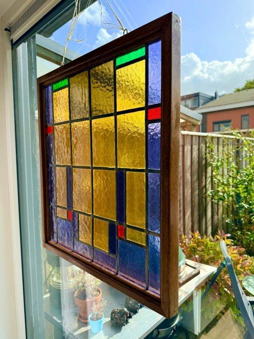 Art Deco Glas-in-loodraam - 61x57cm/ 4,15Kg - Oak frame -, Antiek en Kunst, Curiosa en Brocante