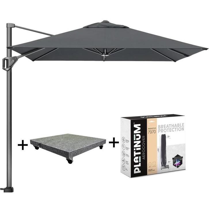Challenger T1 300x300 cm zwart met parasolvoet 90kg en hoes, Tuin en Terras, Parasols, Nieuw, Ophalen of Verzenden