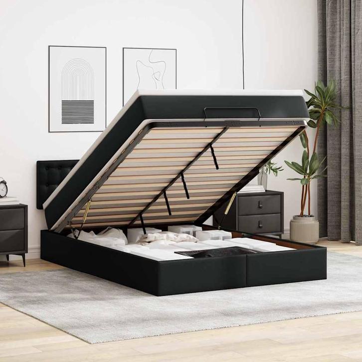 vidaXL Bed poef met matrassen en LEDs 140x200cm kunstleer, Huis en Inrichting, Slaapkamer | Bedden, 140 cm, 200 cm, Zwart, Tweepersoons
