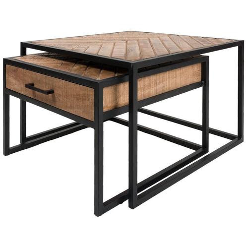Salontafel Ruby Visgraat - Bruin Mangohout - Set van 2, Huis en Inrichting, Tafels | Salontafels, Nieuw, Verzenden
