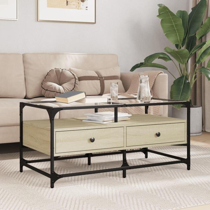 vidaXL Salontafel met glazen blad 98,5x50x45 cm sonoma eiken, Huis en Inrichting, Tafels | Salontafels, 50 tot 100 cm, Nieuw, Overige houtsoorten