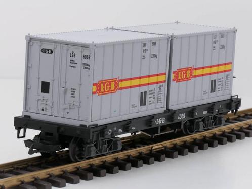 LGB 4069 B Containerwagen met 2 LGB Containers, Hobby en Vrije tijd, Modeltreinen | Overige schalen, Overige typen, Gebruikt, LGB