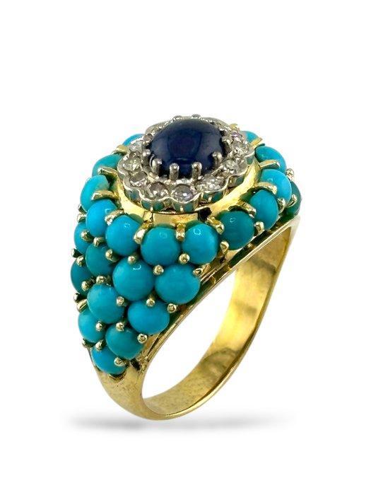 Ring - 18 karaat Geel goud, 18K goud turquoise, diamant- en, Sieraden, Tassen en Uiterlijk, Ringen