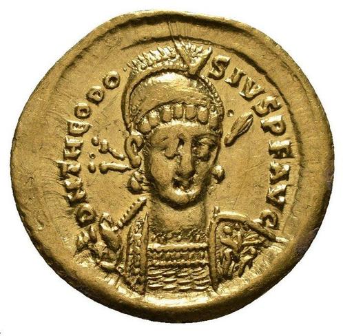 Romeinse Rijk. Theodosius II (402-450 n.Chr.). Solidus, Postzegels en Munten, Munten | Europa | Niet-Euromunten