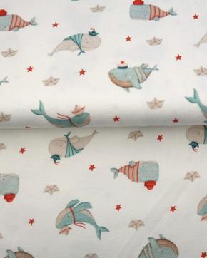 Katoen Jersey Happy Whales Wit/Blauw, Hobby en Vrije tijd, Stoffen en Lappen, Wit, Nieuw