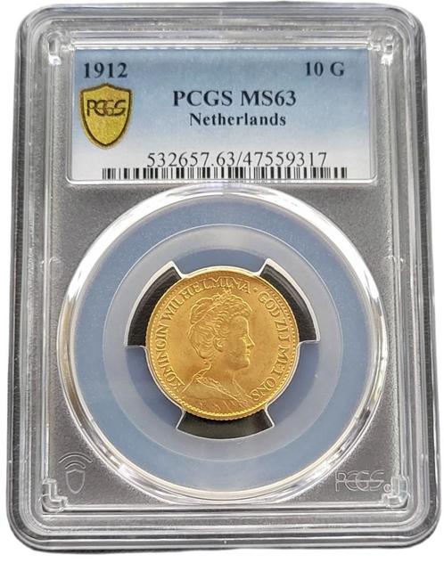 Gouden Wilhelmina 10 gulden 1912 MS63 gecertificeerd PCGS, Postzegels en Munten, Munten | Nederland, Losse munt, Goud, Verzenden