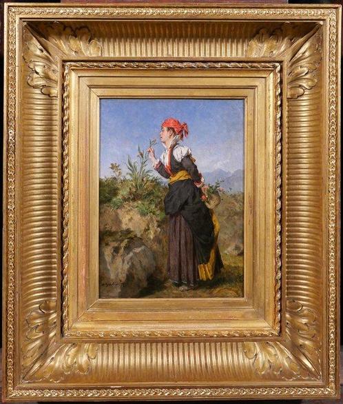 Alexandre Guillemin (1817-1880) - Woman smelling a flower in, Antiek en Kunst, Kunst | Schilderijen | Klassiek