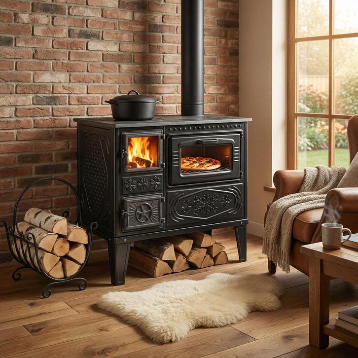 Houtfornuis Zwart 7,85kW | Verwarming 55m² | Nieuw, Witgoed en Apparatuur, Fornuizen, Vrijstaand, 3 kookzones of minder, Draaiplateau
