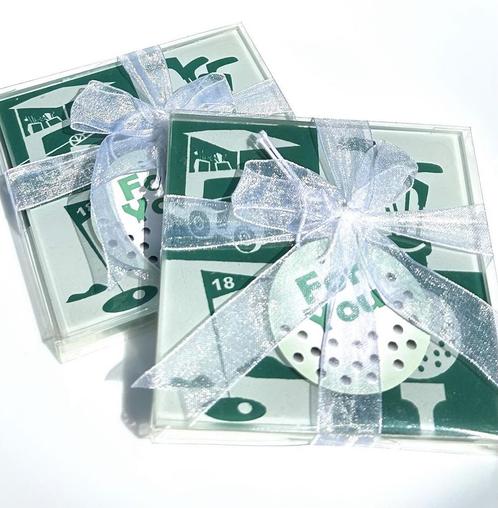 Golf cadeautje in de vorm van 2 glazen onderzetters, Sport en Fitness, Golf, Nieuw, Overige merken, Overige typen, Verzenden