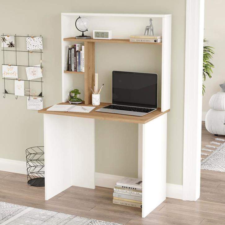 Bureau Tópisa 148,5x90x51,5 cm eikenkleurig en wit [en.casa], Huis en Inrichting, Bureaus, Verzenden