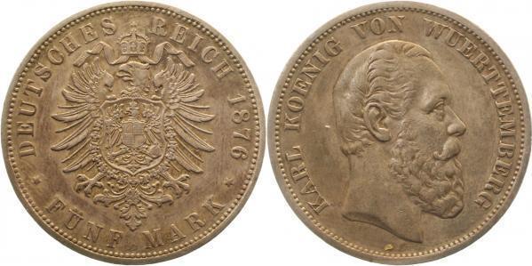 Duitsland 5 Mark Karl von Wuerttemberg 1876 F J 173 ss/vz..., Postzegels en Munten, Munten | Europa | Niet-Euromunten, Verzenden