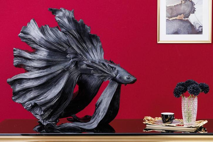 Design decoratief figuur vechtende vis CROWNTAIL 65cm zwart, Huis en Inrichting, Woonaccessoires | Vazen, Ophalen of Verzenden