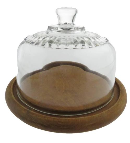 Kaasstolp van glas op houten onderbord, Verzamelen, Glas en Borrelglaasjes, Gebruikt, Verzenden