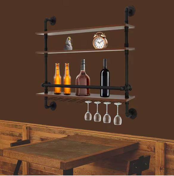 Industrieel Wandwijnrek Hout en Metaal – 3 Lagen Glashouder, Huis en Inrichting, Woonaccessoires | Wijnrekken, Nieuw, Verzenden