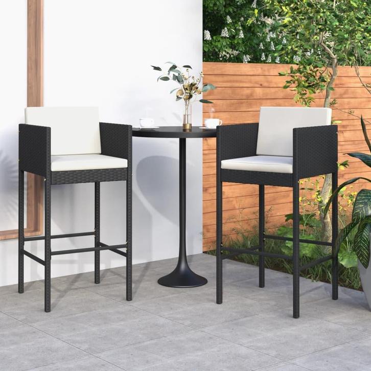 vidaXL Barkrukken 2 st met kussens poly rattan zwart, Tuin en Terras, Tuinstoelen, Nieuw, Rotan, Verzenden