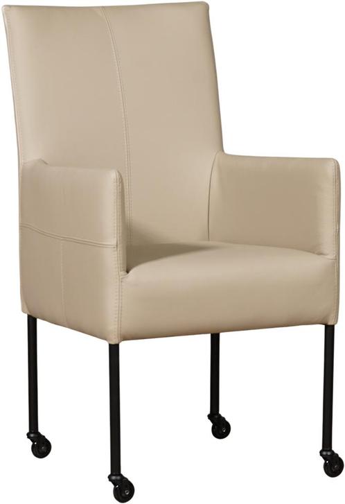 Taupe leren moderne eetkamerstoel - poot rond zwart met wiel, Huis en Inrichting, Stoelen, Eén, Overige kleuren, Nieuw, Leer, Ophalen of Verzenden