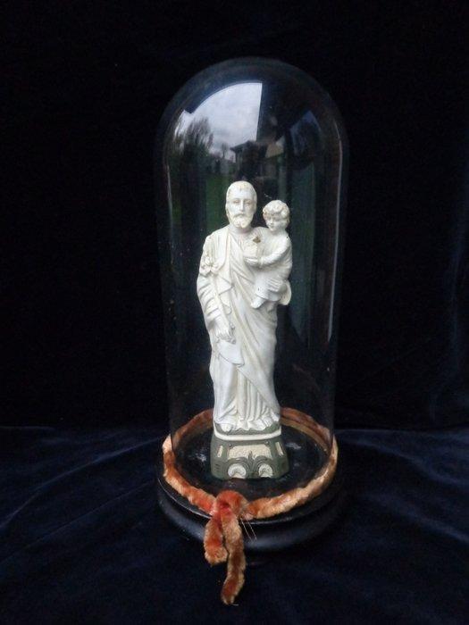Beeld van Sint-Jozef met Kind onder glazen stolp - 34 cm -, Antiek en Kunst, Antiek | Boeken en Bijbels