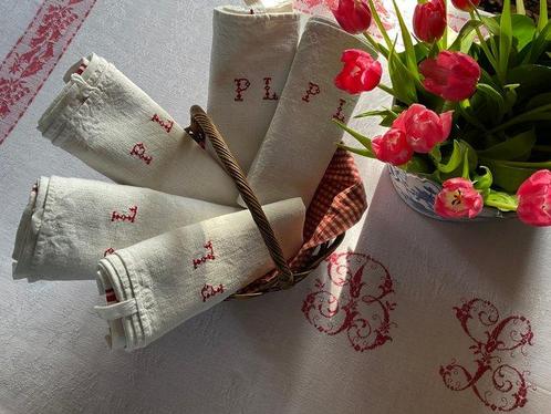 5 Napoleon 111 linnen theedoeken in het wit met de initialen, Antiek en Kunst, Antiek | Kleden en Textiel