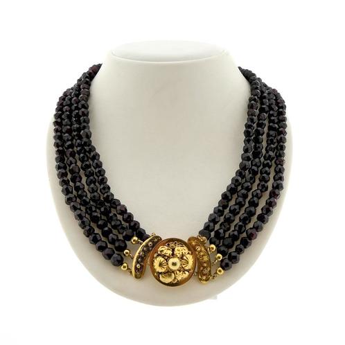 Antieke granaat kralen collier met gouden sier slot | 47 cm, Sieraden, Tassen en Uiterlijk, Kettingen, Overige kleuren, Gebruikt