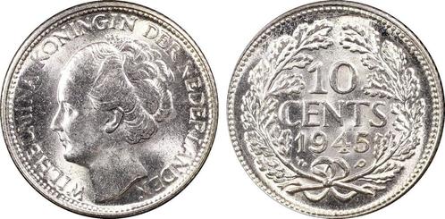 Koningin Wilhelmina 10 cent 1945 P, Postzegels en Munten, Munten | Nederland, Losse munt, Zilver, Verzenden