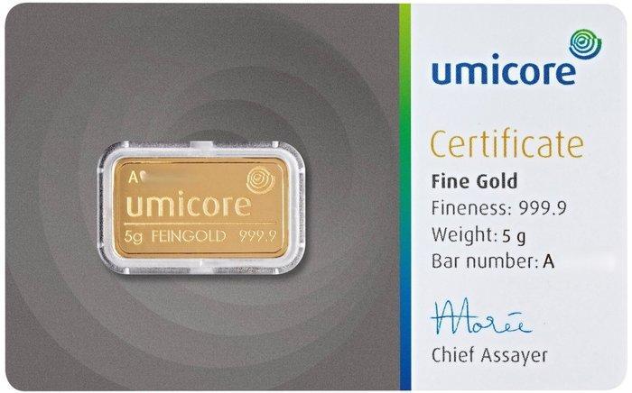 5 gram - Goud .999 - Umicore - Verzegeld en met certificaat, Postzegels en Munten, Edelmetalen en Baren