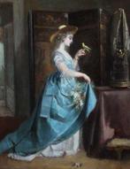 Eugene Accard (1824-1888) - Young lady with a parrot, Antiek en Kunst, Kunst | Schilderijen | Klassiek