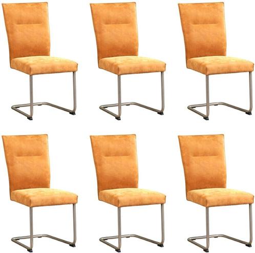 Set van 6 Cognac leren   - poot rond rvs - Kenia Leer Cognac, Huis en Inrichting, Stoelen, Vijf, Zes of meer stoelen, Overige kleuren