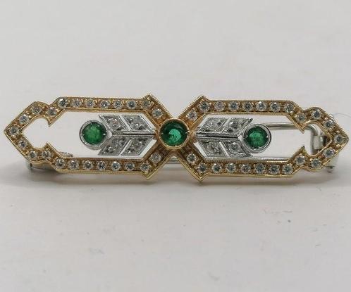 Broche - 14 karaat Geel goud - 1.14ct. tw. Smaragd - Diamant, Sieraden, Tassen en Uiterlijk, Antieke sieraden