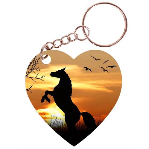 Sleutelhanger hartje 5x5cm - Paard Steigerend in Bos Sunset, Verzamelen, Sleutelhangers, Nieuw, Ophalen of Verzenden
