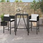 vidaXL 3-delige Tuinbarset met kussens poly rattan zwart, Verzenden, Nieuw, Rotan, 2 zitplaatsen