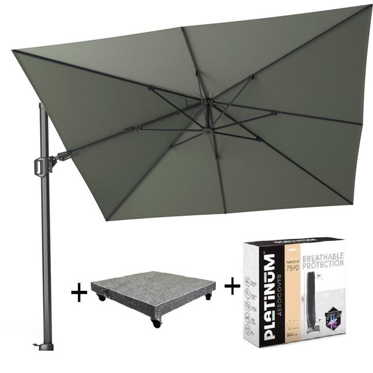 Challenger T2 zweefparasol 300x300 cm olijf  met, Tuin en Terras, Parasols, Nieuw, Ophalen of Verzenden