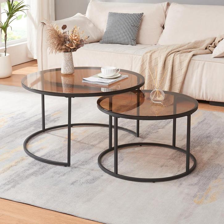 Salontafel set van 2 Kokkola rookglas bruin en zwart [en.cas, Huis en Inrichting, Tafels | Salontafels, Verzenden