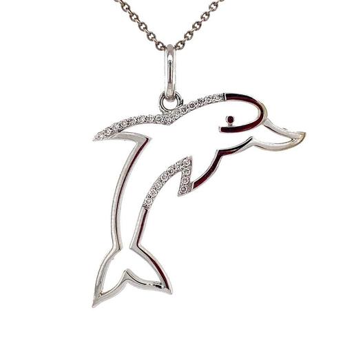Witgouden dolfijn hanger met diamant 14 krt, Sieraden, Tassen en Uiterlijk, Kettinghangers, Wit, Zo goed als nieuw, Goud, Verzenden