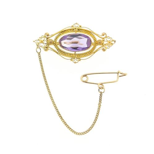 Gouden broche met amethist (vintage accesoire, vintage), Sieraden, Tassen en Uiterlijk, Broches, Overige kleuren, Gebruikt, Met edelsteen
