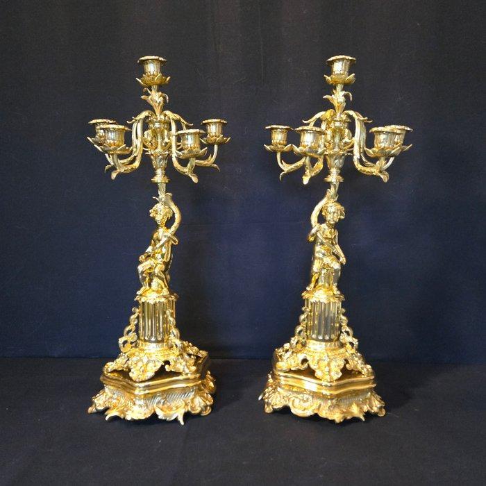Kaarsenhouder (2) - Verguld brons - Bronzen kandelaars, Antiek en Kunst, Antiek | Klokken