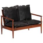 Bank Leer & Acaciahout Zwart - Tweedekansje - Retro Design, Huis en Inrichting, Banken | Bankstellen, Minder dan 75 cm, Ophalen of Verzenden