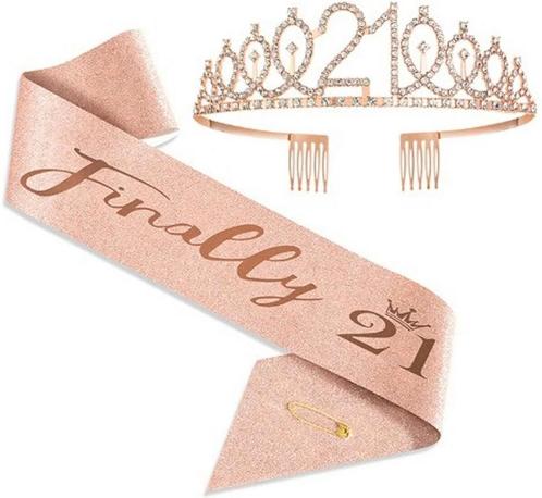 Finally 21 set met diadeem en sjerp deLuxe rosé goud glitter, Hobby en Vrije tijd, Feestartikelen, Verjaardag, Nieuw, Versiering