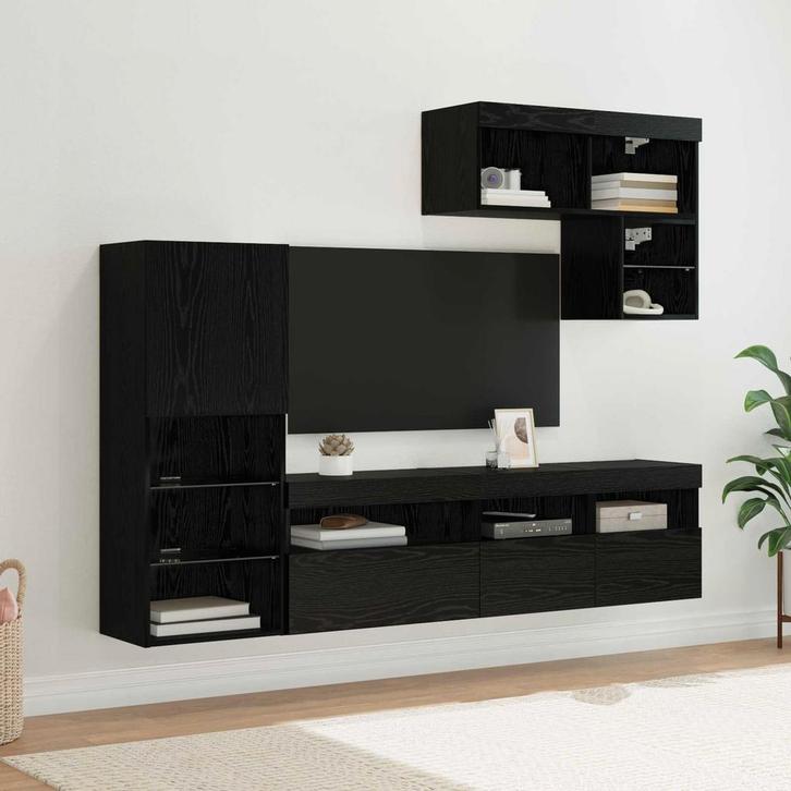 vidaXL TV Wandmeubels Wandgemonteerd 6 pcs Zwart Eiken, Huis en Inrichting, Kasten | Televisiemeubels, Nieuw, Minder dan 50 cm