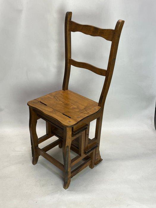 Trapje - oude bibliotheektrap / stoel 5 tredes - Hout -, Antiek en Kunst, Curiosa en Brocante