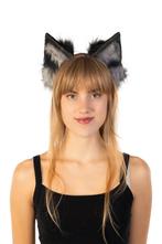 Haarband Furry Oortjes Zwart Grijs Kat Poes Vos Diadeem Dons, Ophalen of Verzenden, Nieuw, Carnaval, Accessoires