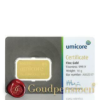 10 Gram Umicore Goudbaar Met Certificaat 999,9 Puur Goud, Postzegels en Munten, Edelmetalen en Baren, Goud, Ophalen of Verzenden