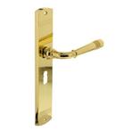 Deurklink emily op schild sleutelgat 56 mm messing gelakt, Ophalen of Verzenden, Nieuw, Koper of Messing, Klink of Kruk