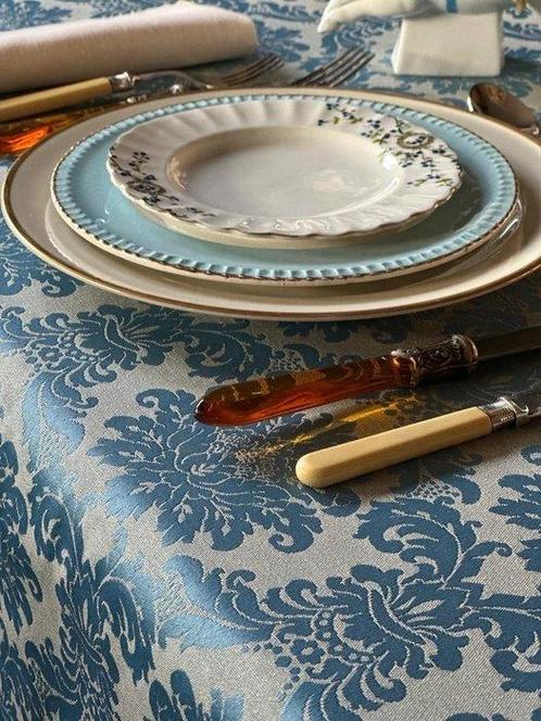 Tafellaken voor grote tafels, blauwe damast - Tafelkleed -, Antiek en Kunst, Antiek | Kleden en Textiel