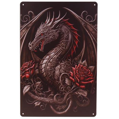Metalen Plaatje - Oosterse Draak & Rozen Metaalgrijs & Rood, Huis en Inrichting, Woonaccessoires | Tekstborden en Spreuken, Nieuw
