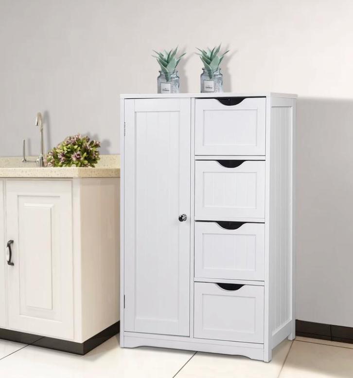 Witte Badkamerkast Hoog – Stijlvolle Opbergkast met 4 Laden, Huis en Inrichting, Badkamer | Badkamermeubels, 25 tot 50 cm, Nieuw