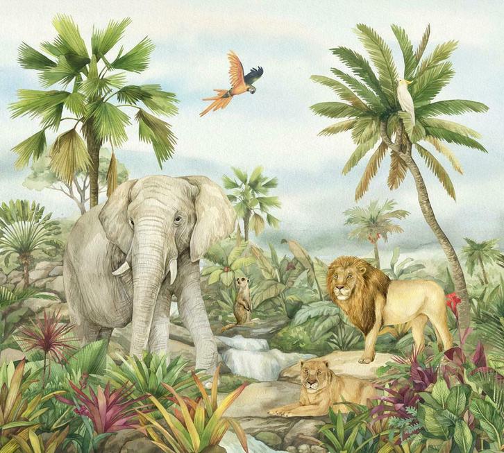 Jungle behang Jungle Droom P4, Jungledieren, Olifant, Leeuw, Kinderen en Baby's, Kinderkamer | Inrichting en Decoratie, Wanddecoratie